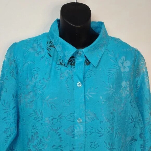 Salon Studio 2 Pieces Set Blue Abstract Floral Button Down Top Blouse Size L - Picture 5 of 13